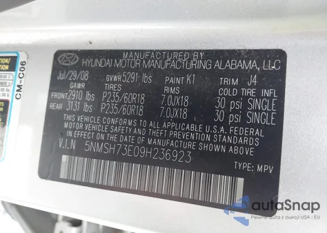 2009 Hyundai Santa Fe Se из США, поврежденный, VIN 5NMSH73E09H236923